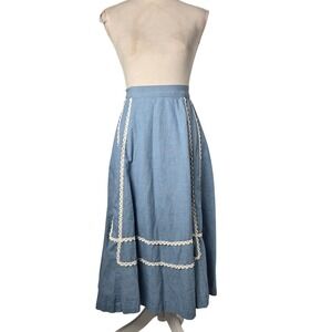Vtg‎ 50s Carole Chris Sanforized Denim Maxi Skirt White Lace Prairie Boho Style
